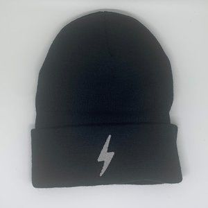 Black Knit Beanie with Silver Lightning Bolt
